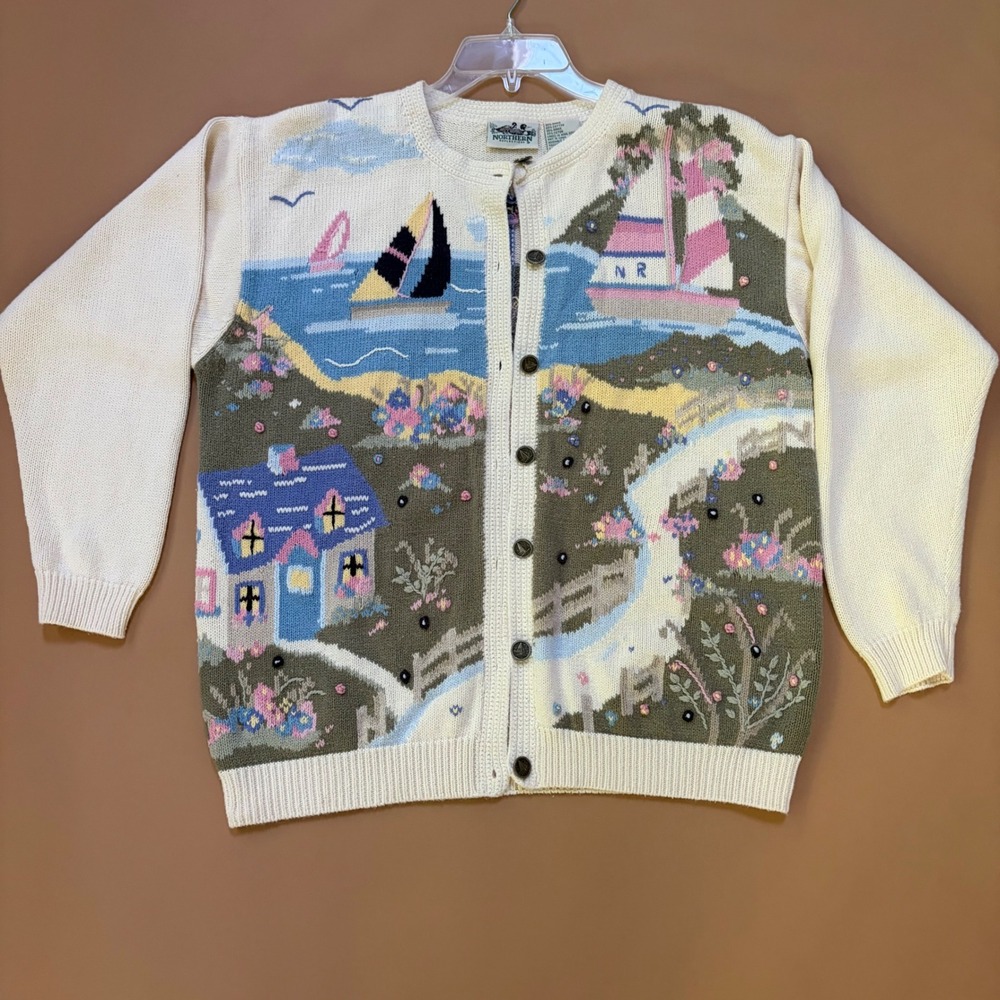 Northern Reflections Vintage 90s Coastal Scenic Sailboat Cardigan L Fisherman